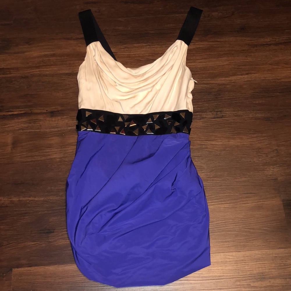 Bebe purple drape silk beaded colorblock dress S